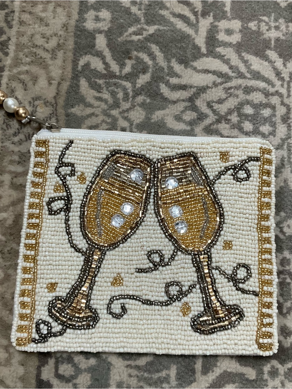 Beaded Champagne Glass Wristlet Pouch - White and Gold
